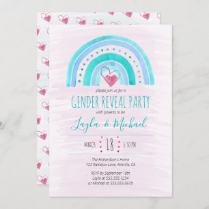 Rainbow Heart Watercolor Wash Gender Reveal Invitation