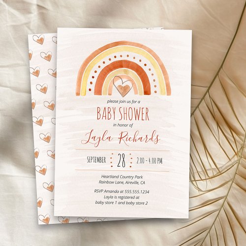 Rainbow Heart Watercolor Wash Neutral Baby Shower Invitation