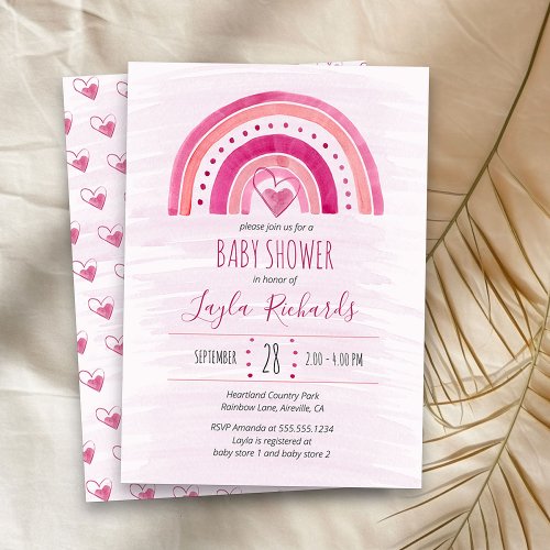 Rainbow Heart Watercolor Wash Pink Baby Shower Invitation