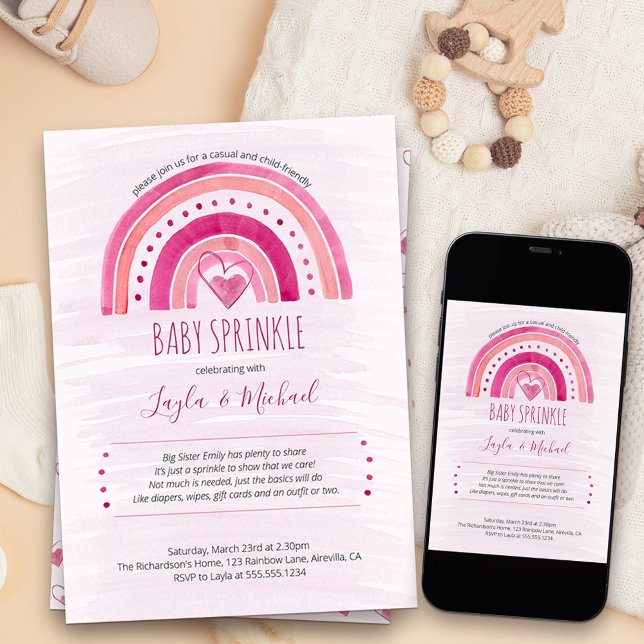 Rainbow Heart Watercolor Wash Pink Baby Sprinkle Invitation (Girls baby sprinkle invitation with cute and simple rainbow and love hearts theme)