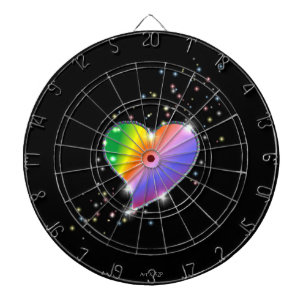 Rainbow Heart with Stars on black Dartboard With Darts