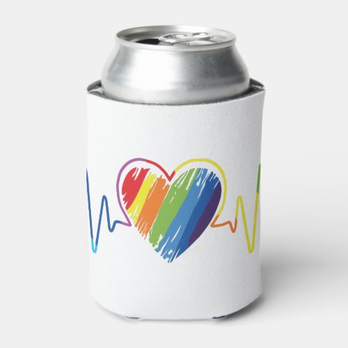 Rainbow Heartbeat  Abstract Scribble Heart Can Cooler