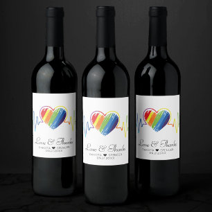 Rainbow Heartbeat   Abstract Scribble Heart LGBQ Wine Label