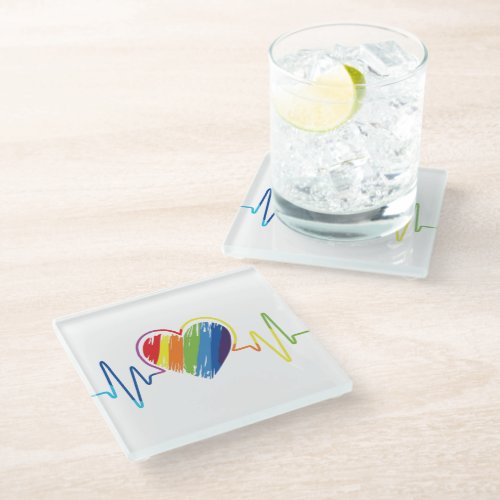 Rainbow Heartbeat  Abstract Scribble Heart Napkin Glass Coaster