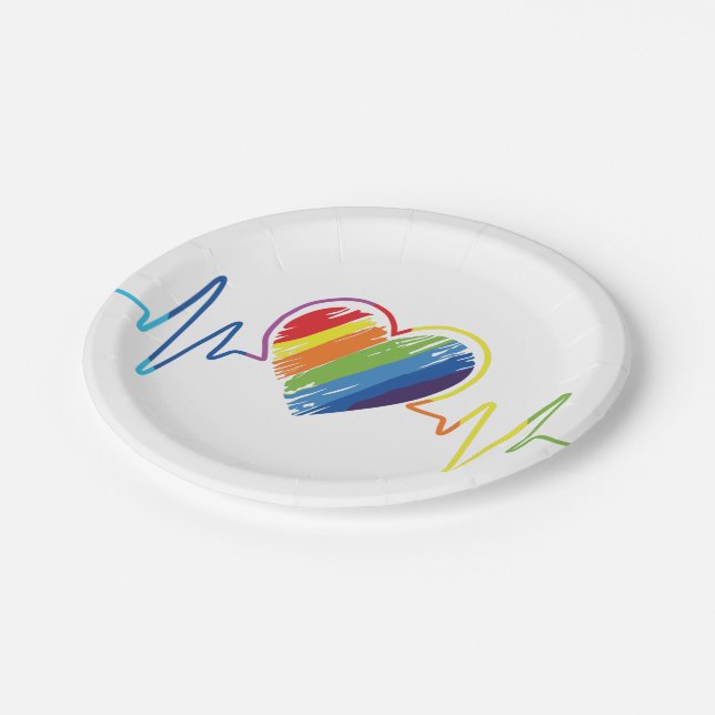Rainbow Heartbeat | Abstract Scribble Heart Paper Plates (Angled)