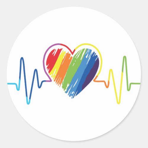 Rainbow Heartbeat  Artistic Abstract Gay Pride Classic Round Sticker