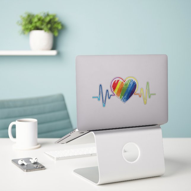 Rainbow Heartbeat | Artistic Abstract Gay Pride Sticker (Laptop On Desk)