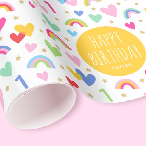 Rainbow Hearts 1st Birthday Custom Name Yellow Wrapping Paper