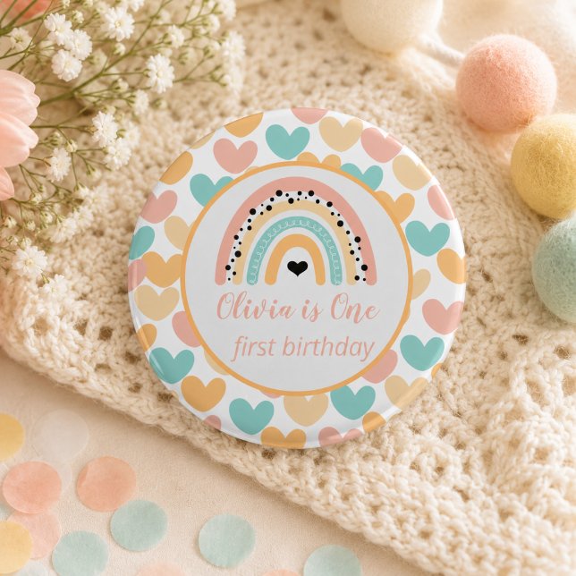 Rainbow & Hearts 1st Birthday Party Button (Rainbow & Hearts 1st Birthday Party Button)