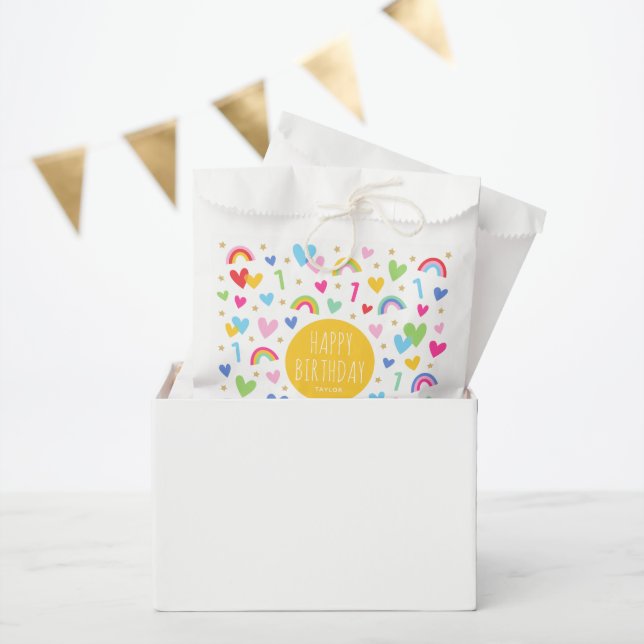Rainbow Hearts 1st Birthday Party Name Yellow Favor Bag (Party)