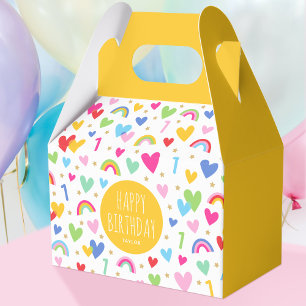Rainbow Hearts 1st Birthday Party Name Yellow Favor Boxes