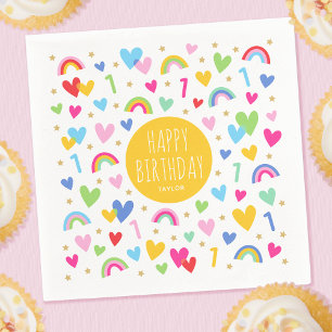 Rainbow Hearts 1st Birthday Party Name Yellow Napkins