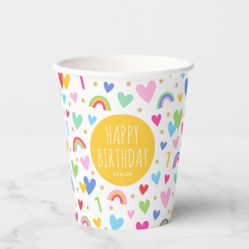 Rainbow Hearts 1st Birthday Party Name Yellow Paper Cups