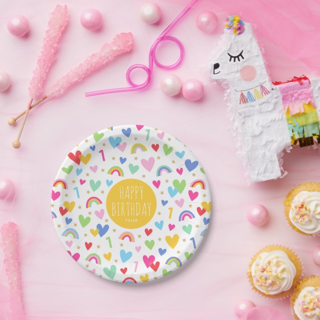 Rainbow Hearts 1st Birthday Party Name Yellow Paper Plates (Party)