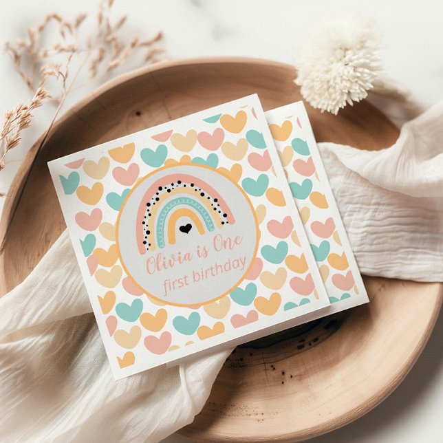 Rainbow & Hearts 1st Birthday Party Napkins (Creator Uploaded)