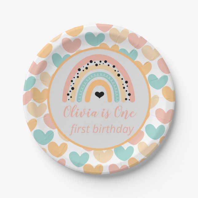 Rainbow & Hearts 1st Birthday Party Paper Plates (Front)