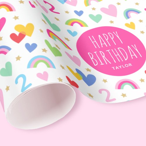 Rainbow Hearts 2nd Birthday Custom Name Pink Wrapping Paper