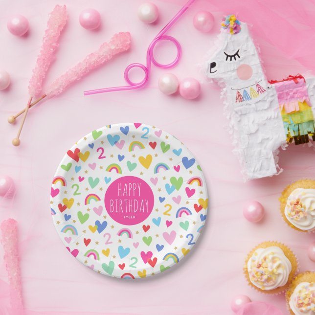 Rainbow Hearts 2nd Birthday Party Custom Name Pink Paper Plates (Party)