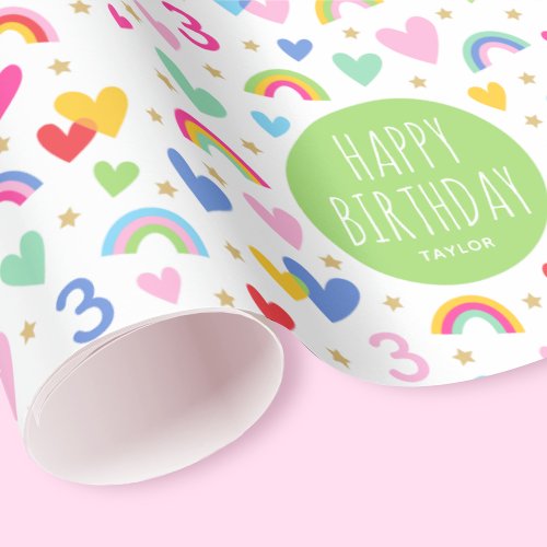 Rainbow Hearts 3rd Birthday Custom Name Green Wrapping Paper