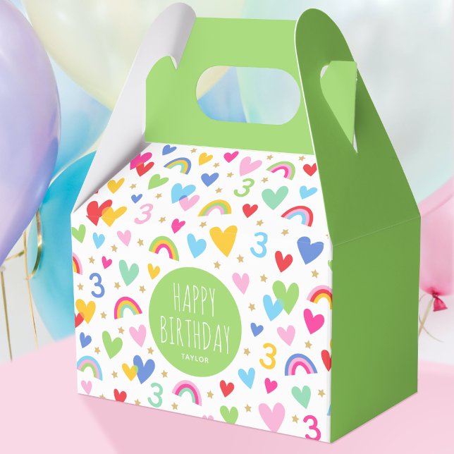Rainbow Hearts 3rd Birthday Party Name Green Favor Boxes (Creator Uploaded)
