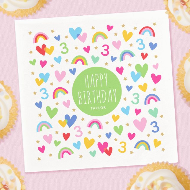 Rainbow Hearts 3rd Birthday Party Name Green Napkins (Creator Uploaded)
