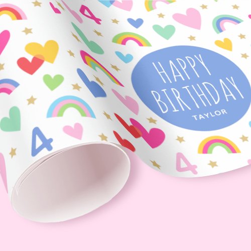 Rainbow Hearts 4th Birthday Custom Name Blue Wrapping Paper