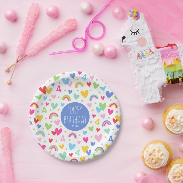 Rainbow Hearts 4th Birthday Party Custom Name Blue Paper Plates (Party)