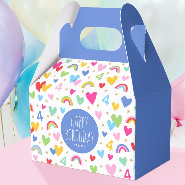 Rainbow Hearts 4th Birthday Party Name Blue Favor Boxes (Creator Uploaded)