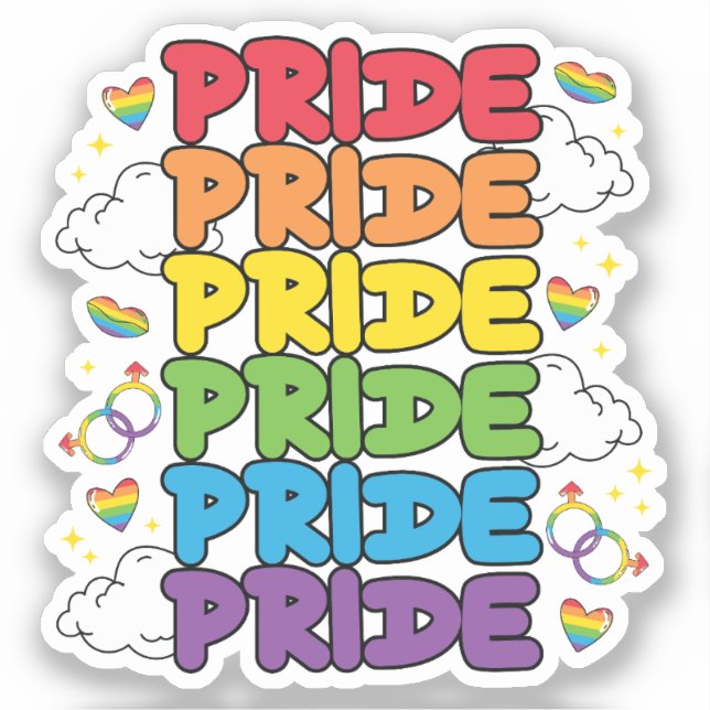 Rainbow, Hearts and Clouds - Repeated Pride Sticker (Front)