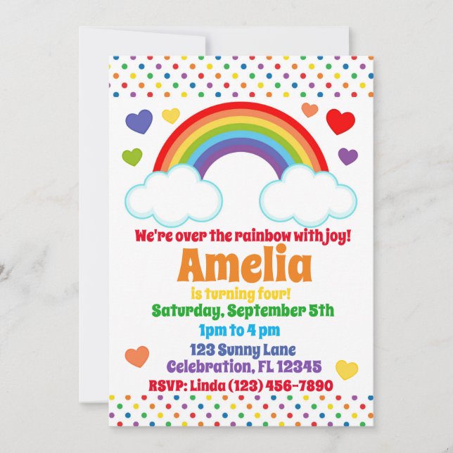 Rainbow Hearts and Dots Girls Birthday Invitation (Front)