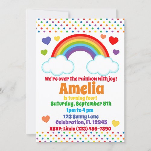 Rainbow Hearts and Dots Girls Birthday Invitation