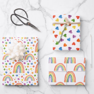 Rainbow Hearts and Flowers Pattern Wrapping Paper Sheets