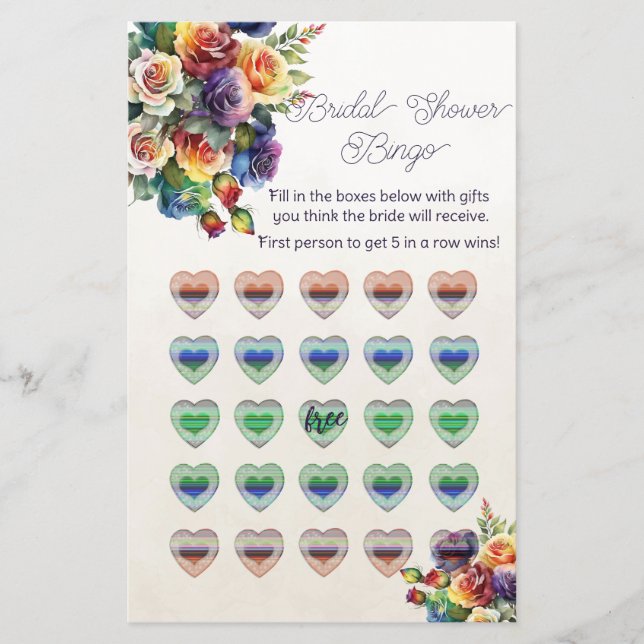 Rainbow Hearts and Roses Bridal Shower Bingo Flyer (Front)