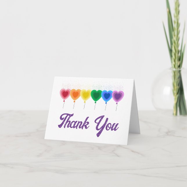 Rainbow Hearts Balloons Folded Thank You Cards (Front)