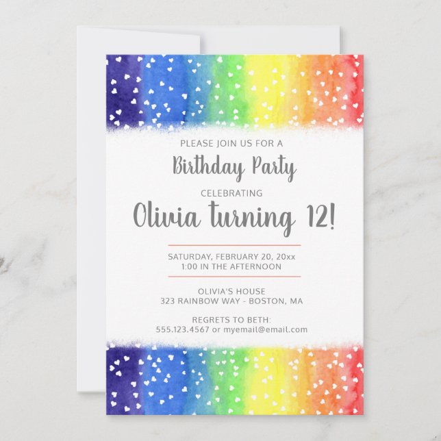 Rainbow Hearts Birthday Party Invitation (Front)