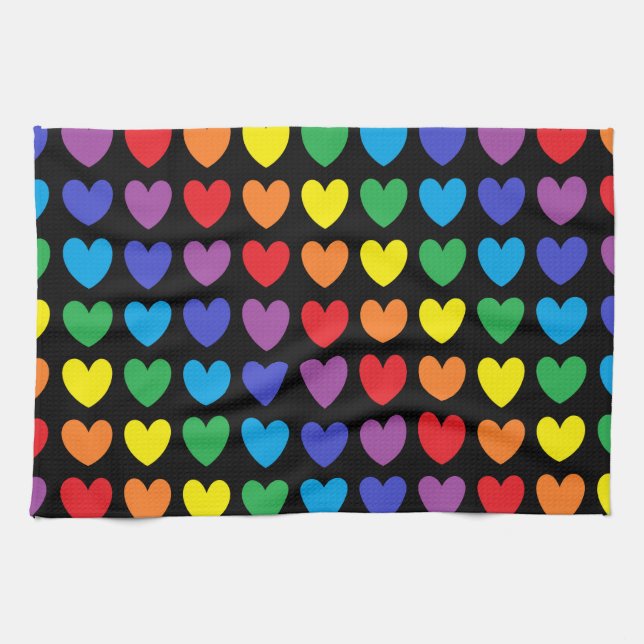 Rainbow Hearts Black Kitchen Towel (Horizontal)