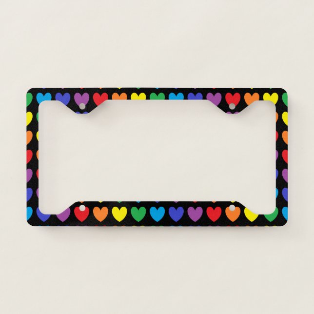 Rainbow Hearts Black License Plate Frame (Front)