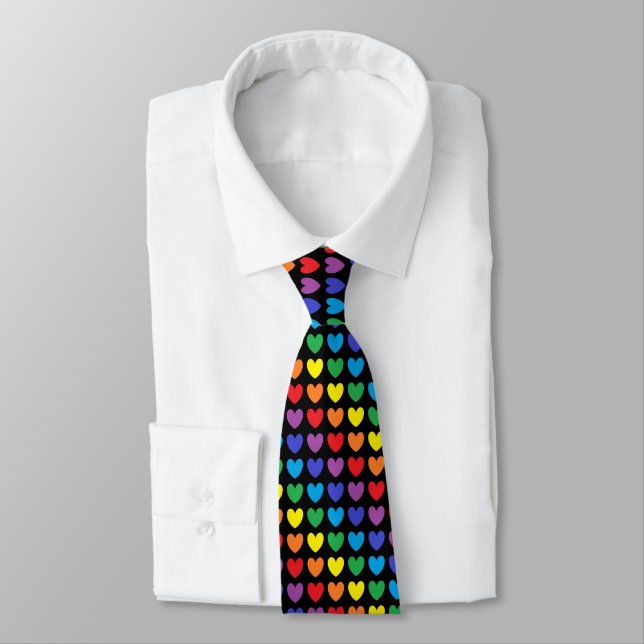 Rainbow Hearts Black Neck Tie (Tied)