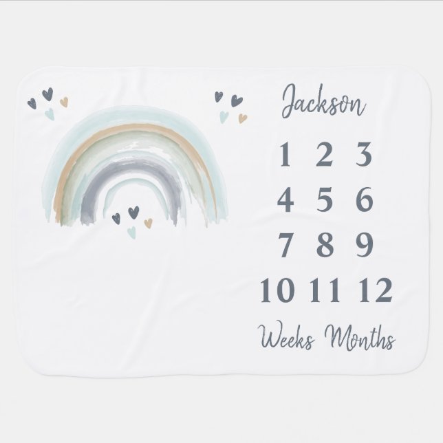 Rainbow & Hearts Boho Blue  Milestone Baby Blanket (Horizontal)