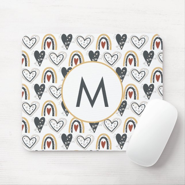 Rainbow Hearts Boho Pattern Monogram Initial Mouse Pad (With Mouse)