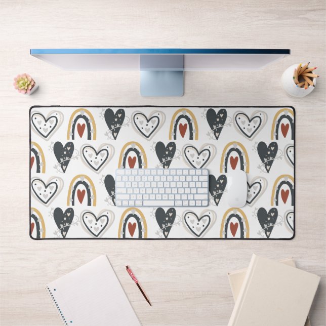 Rainbow Hearts Boho Pattern Yellow Red Gray Desk Mat (Office 1)