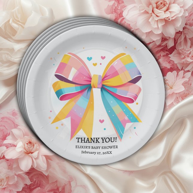 Rainbow Hearts Bow Baby Shower Paper Plates (Creator Uploaded)
