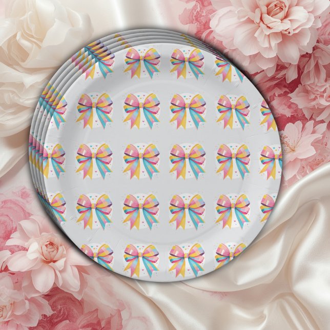 Rainbow Hearts Bow Baby Shower Paper Plates (Creator Uploaded)