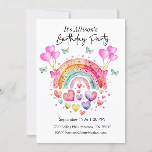 Rainbow Hearts Butterflies Birthday  Invitation