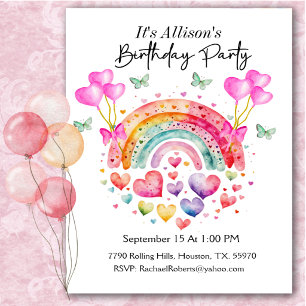 Rainbow Hearts Butterflies Birthday  Invitation