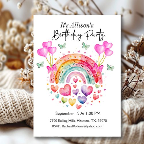 Rainbow Hearts Butterflies Birthday  Invitation