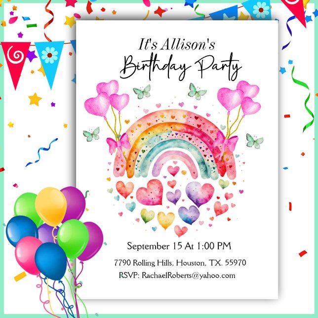 Rainbow Hearts Butterflies Birthday  Invitation (Creator Uploaded)