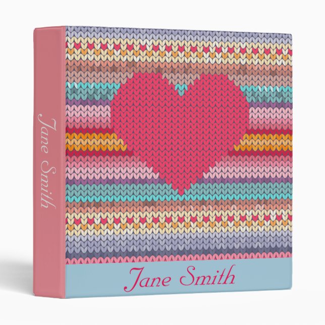 Rainbow hearts faux knit retro girls student 3 ring binder (Front/Spine)