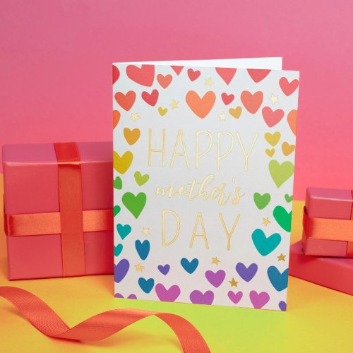 Rainbow Hearts Gold Stars Happy Mothers Day Foil Greeting Card