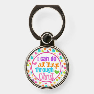 Rainbow Hearts I Can Do All Things Through Christ Phone Ring Stand